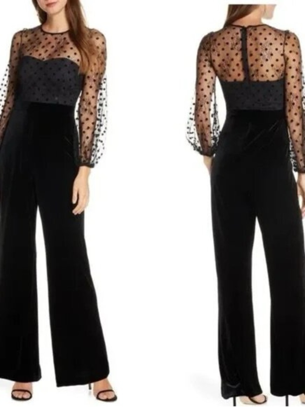 Black Polka Dot Mesh & Velvet Wide-Leg Jumpsuit
